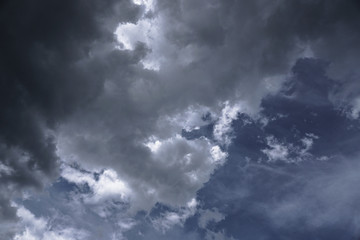 Terrible thunderclouds from the side of a plane. Gloomy epic clouds. Background image in a dark gray style.