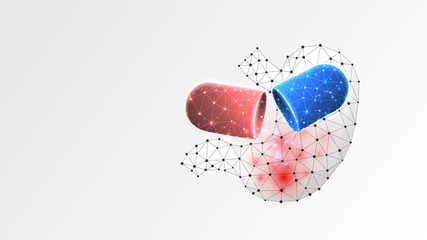 Human Stomach medicaments in a capsule. Gastritis treatment with a pill, hepatitis vaccine concept. Low poly, wireframe 3d Raster illustration. Abstract polygonal image on white origami background