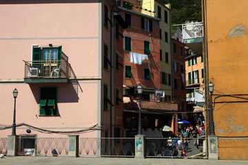 Riomaggiore ( SP ), Italy - April 15, 2017: Houses at Riomaggiore village, gulf of Poets, Cinque...