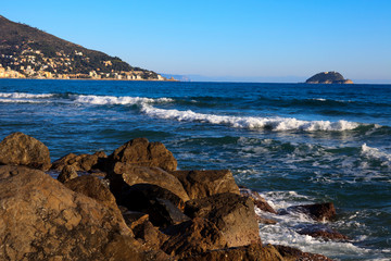 Fototapeta na wymiar Alassio (SV), Italy - February 15, 2017: View of Alassio sea, Riviera dei Fiori, Savona, Liguria, Italy.