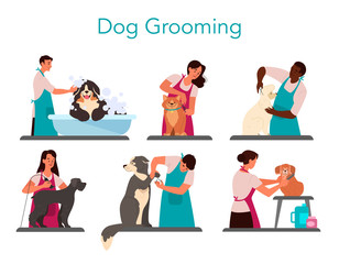 Collection of professional barber grooming dog. Woman and man - obrazy, fototapety, plakaty