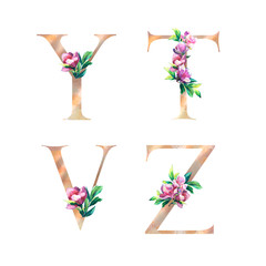 Floral Letters set with hand painted pink flowers and leaves. Y, T, V, Z Elegant Alphabet isolated on the white background. Design for Wedding, inviting, greeting and birthday card for celebration.