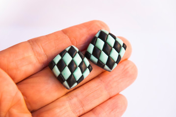 Geometric black and mint earrings of polymer clay. Handmade fashion jewelry.