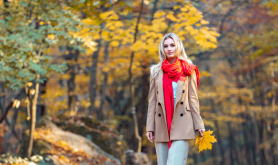 Autumnal trends and cozy looks for women. Attractive charming blonde woman walking in autumnal...
