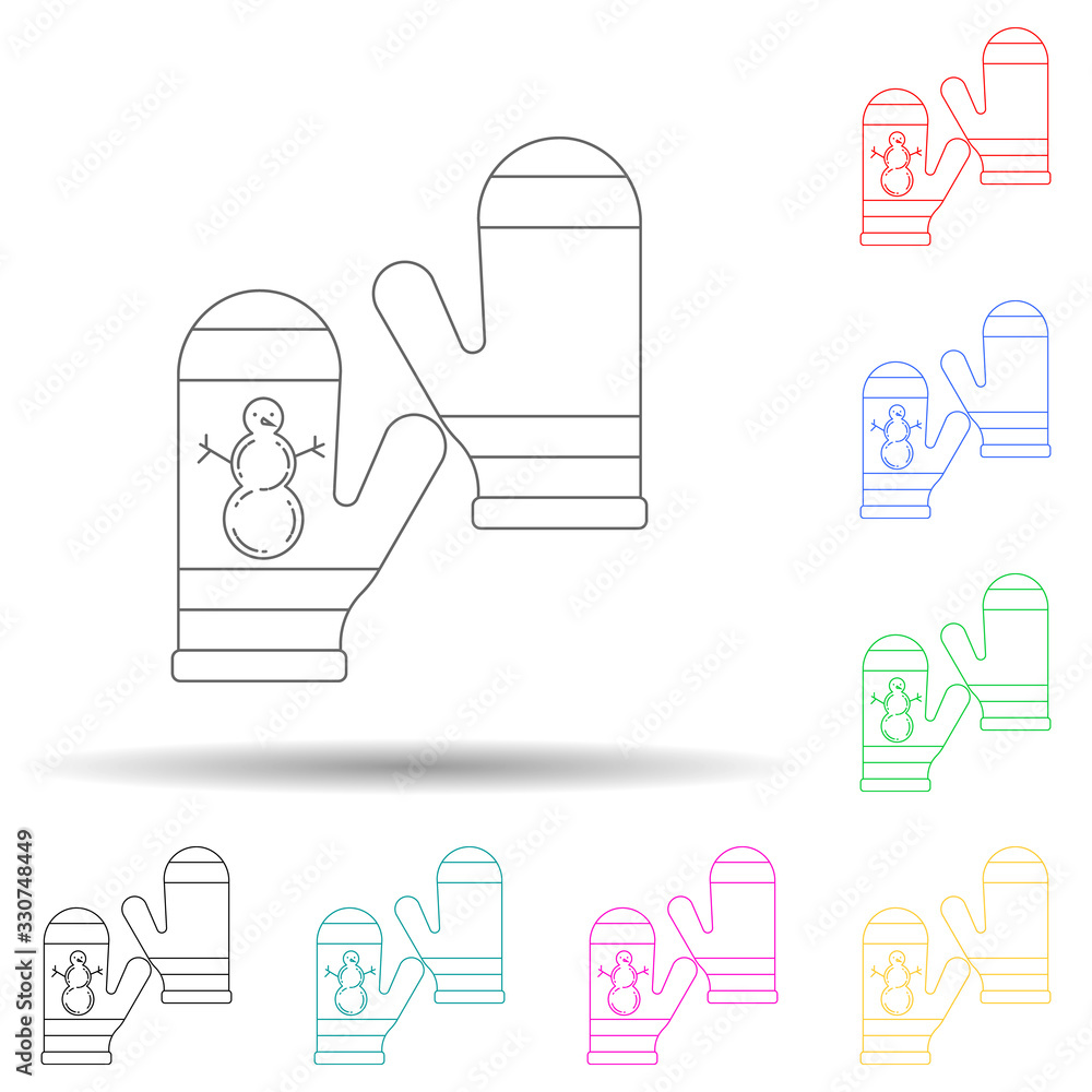 Poster mittens with a picture of a snowman multi color style icon. simple thin line, outline vector of wint