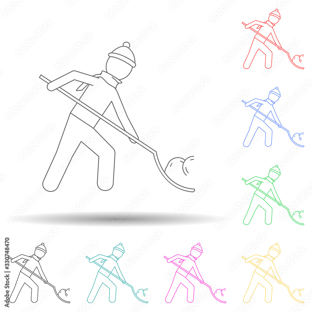 Poster a man is cleaning the snow with a shovel multi color style icon. simple thin line, outline vector of