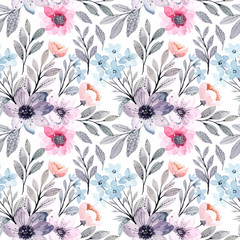 purple pink floral watercolor seamless pattern