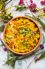Chickpea food bowl with herbs, onion and fresh vegetables. Vegan, vegetarian healthy dieting 