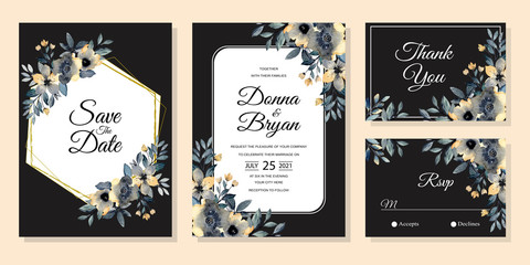 wedding invitation card set with watercolor flower black background