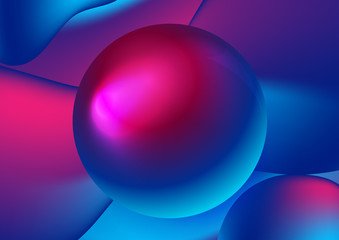 Abstract blue and purple liquid wavy shapes futuristic background with glossy sphere. Glowing retro vector design