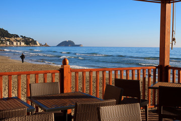 Alassio (SV), Italy - February 15, 2017: A typical bar near the beach in Alassio, Riviera dei Fiori, Savona, Liguria, Italy.
