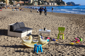 Alassio (SV), Italy - February 15, 2017: The Alassio beach, Riviera dei Fiori, Savona, Liguria, Italy.