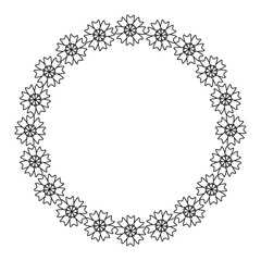Floral wreath. The flower frame is drawn in the Doodle style .Black and white illustration isolated on a white background.For making invitations and postcards.Circle of elements.Vector illustration.