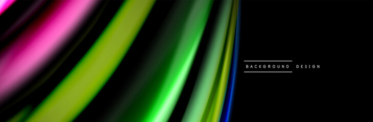 Silk and smooth flow wave poster design. Color waves, liquid style lines and shapes in black color background