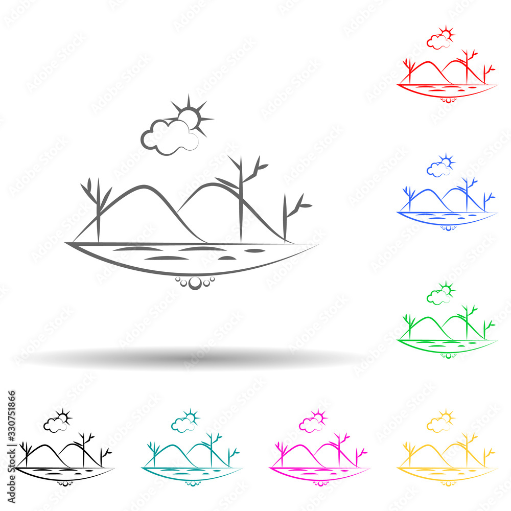 Poster sea mountain tree sun cloud multi color set icon. simple thin line, outline vector of landspace icon