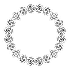Floral wreath. T he flower frame is drawn in the Doodle style .Black and white illustration isolated on a white background.For making invitations and postcards.Circle of elements.Vector illustration.