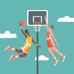 Two basketball players in action during the game. One athlete throws the ball into the basket. Flat vector illustration.