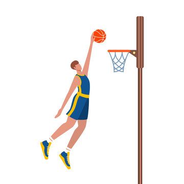 Basketball player throws the ball in the hoop. Man playing basketball. Flat vector illustration.