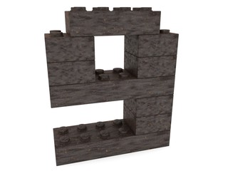 Number 9 from rusty toy bricks on a white background