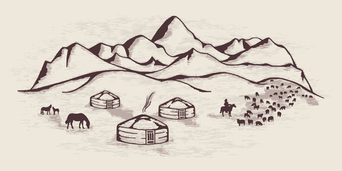 Sketch on the topic of life in Central Asia. Nomads life, yurts in the mountains, cattle graze.