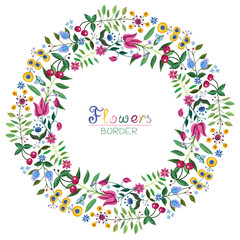 Summer blooming wreath with fancy flowers and cherries.