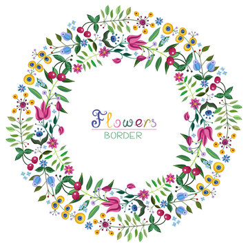 Summer blooming wreath with fancy flowers and cherries.