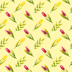 Floral seamless pattern. Hand drawn illustration is isolated on yellow. Painted watercolor spring flowers are perfect for greeting card, poster, wallpaper, fabric textile, wedding invitation
