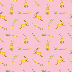 Easter seamless pattern. Hand drawn illustration is isolated on pink. Painted watercolor hare and carrot are perfect for greeting card, children's wallpaper, fabric textile, wrapping design