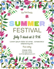 Summer festival poster template with fancy flowers and cherries in folk painting style.