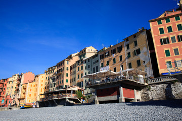Camogli (GE), Italy - June 01, 2017: The fishing village of Camogli, Gulf of Paradise, Portofino National Park, Genova, Liguria, Italy