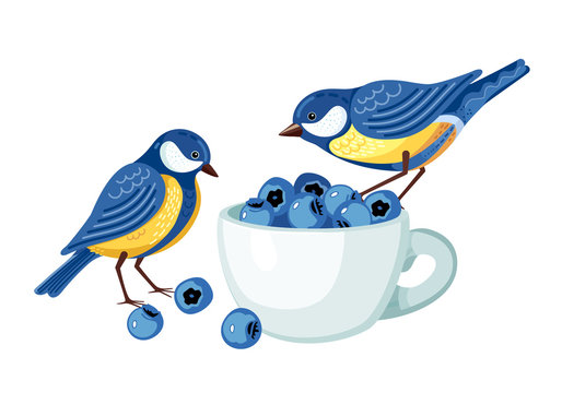 Two blue tits tasting blueberries.