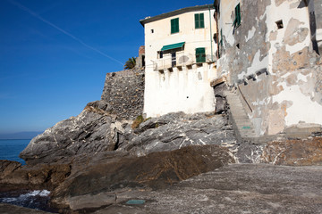 Camogli (GE), Italy - June 01, 2017: The fishing village of Camogli, Gulf of Paradise, Portofino National Park, Genova, Liguria, Italy