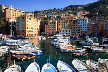 Camogli (GE), Italy - June 01, 2017: The fishing village of Camogli, Gulf of Paradise, Portofino National Park, Genova, Liguria, Italy