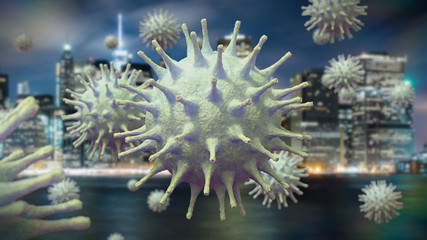 Fototapeta na wymiar Covid-19 virus outbreak, the health threatening Coronavirus moving towards a city