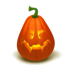 Realistic Halloween pumpkin with candle inside. Happy face Halloween pumpkin isolated on white background