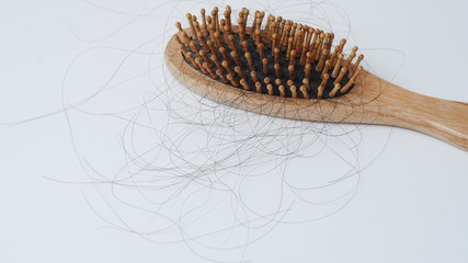 Hair loss, concept Solutions for hair loss, Hair loss on comb, on white background.