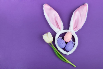 Easter holiday. Festive composition with carnival rabbit ears on a purple background. Postcard for the Easter holiday