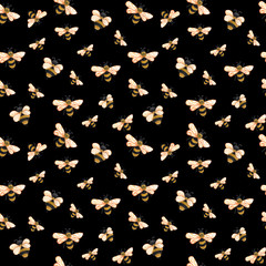 Watercolor honey seamless pattern with bee. Hand drawn repeten background with honey bees on black