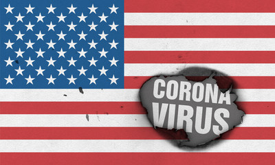 Flag of USA with burned out hole showing Coronavirus name in it. 2019 - 2020 Novel Coronavirus (2019-nCoV) concept, for an outbreak occurs in the United States of America.