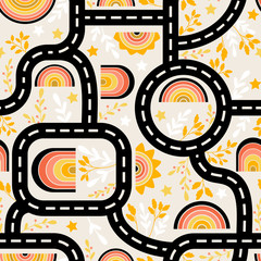 Roads and rainbows - seamless play mat pattern for modern interior 