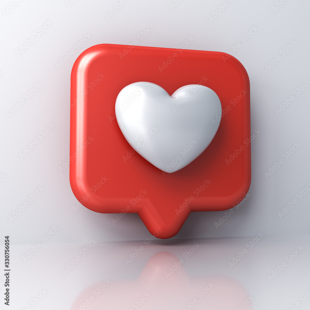 Aufkleber 3d icon love like heart social media notification isolated over white wall background with shadow and reflection 3D rendering