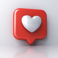 3d icon love like heart social media notification isolated over white wall background with shadow and reflection 3D rendering
