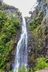 Long exposure of the Risco waterfall on madeira island, portugal, in the middle of the tropical forest
