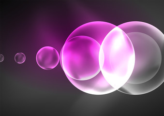 Glowing neon shiny transparent bubbles, glass circles or bio cell concept. Techno futuristic vector abstract background For Wallpaper, Banner, Background, Card, Book Illustration, landing page