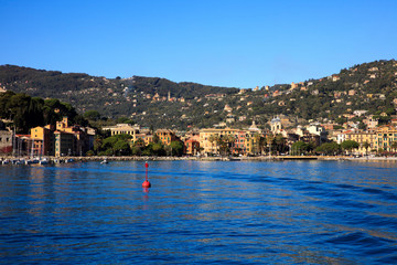 Fototapeta premium Santa Margherita Ligure (GE), Italy - June 01, 2017: Santa margherita Ligure village view from the boat sailing to Portofino, Genova, Liguria, Italy