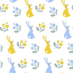 Spring seamless pattern with rabbits on a white background. Summer background with wildflowers. Easter texture with branches and animals. Cute hares in a flat style.