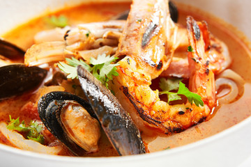 Tom Yum with seafood in bowl