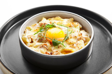 Baked carbonara closeup view