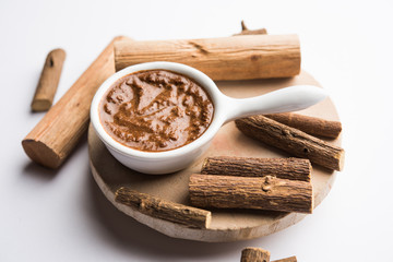 Ayurvedic Liquorice sandalwood Face Mask made using Mulethi or jeshthamadh and Chandan powder. selective focus