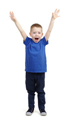 Young boy kid in blue t-shirt happy